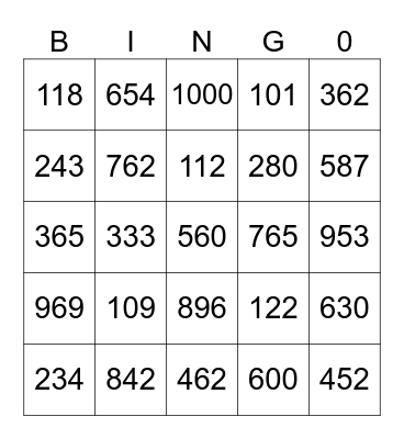 Numeros del 100-1000 Bingo Card