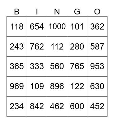 Numeros del 100-1000 Bingo Card