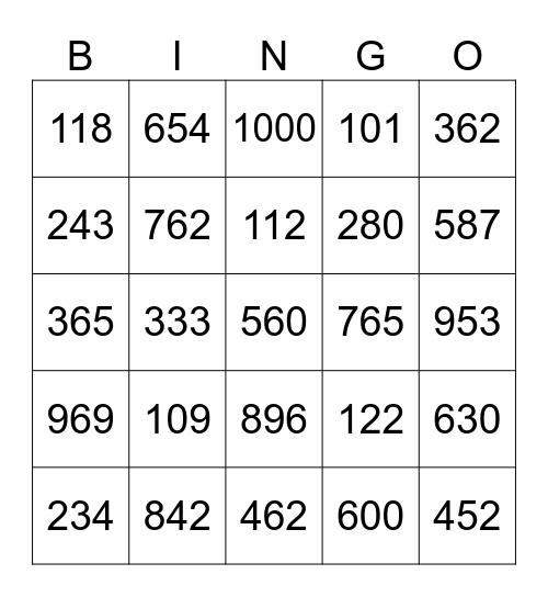Numeros del 100-1000 Bingo Card