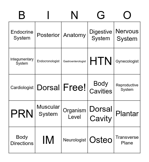 Medical Terminology Bingo Card