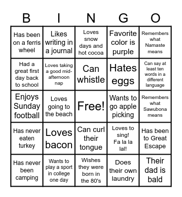 Getting to Know You Bingo! Bingo Card