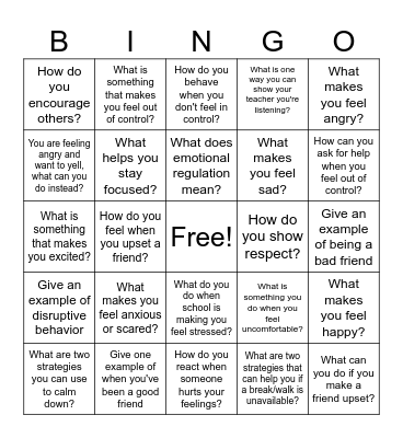 Emotional Regulation Bingo Card