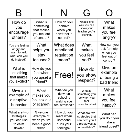 Emotional Regulation Bingo Card