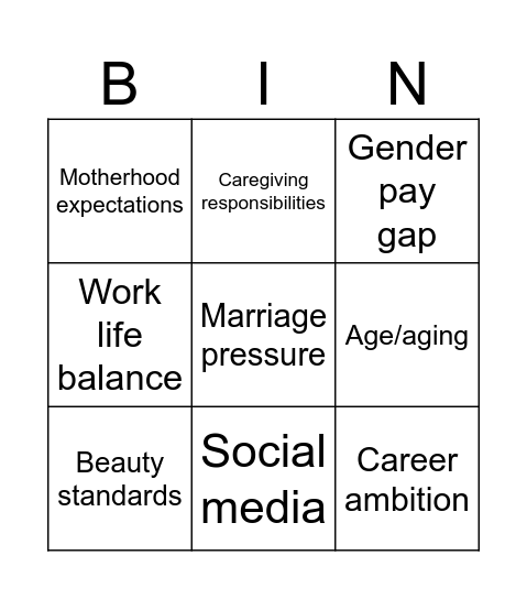 Social pressures that lie on women today Bingo Card