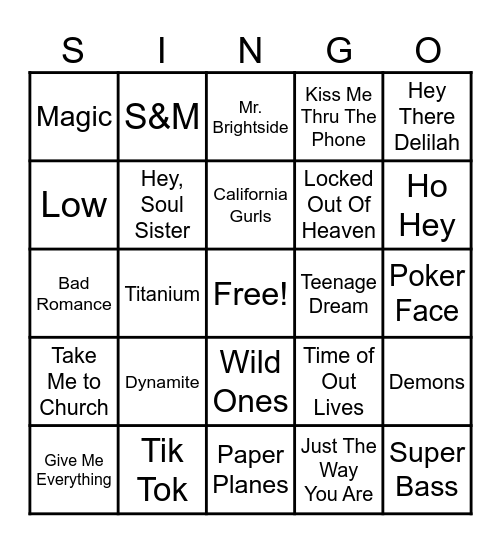 2000's Pop Hits Bingo Card