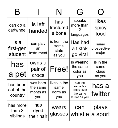 Latinx New Student Welcome Event Bingo Card