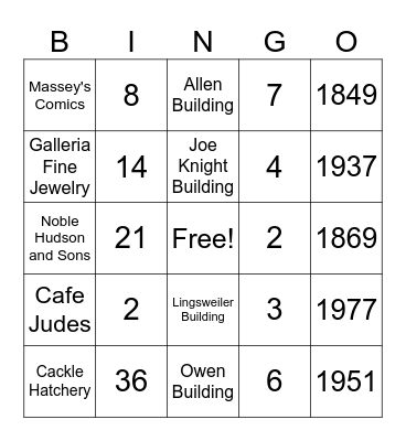 Downtown Trivia Bingo Card