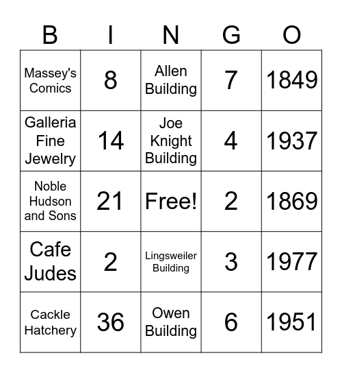 Downtown Trivia Bingo Card