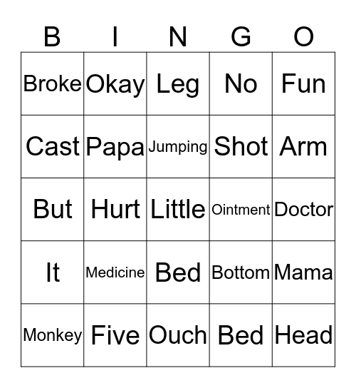 Five Little Monkeys Bingo Card