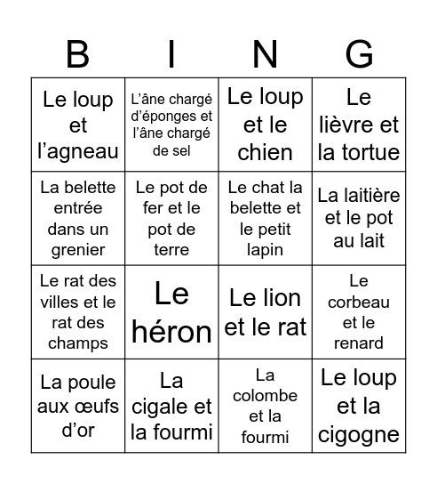 Jeu des fables Bingo Card