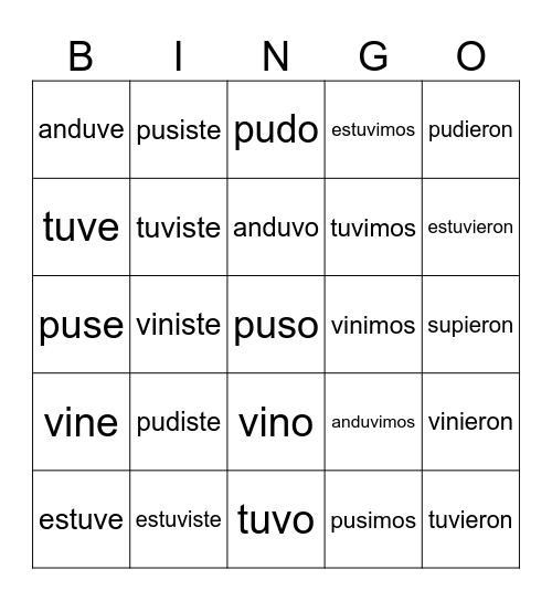 Verbos irregulares en el pasado Bingo Card