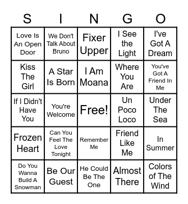 Disney Bingo Card