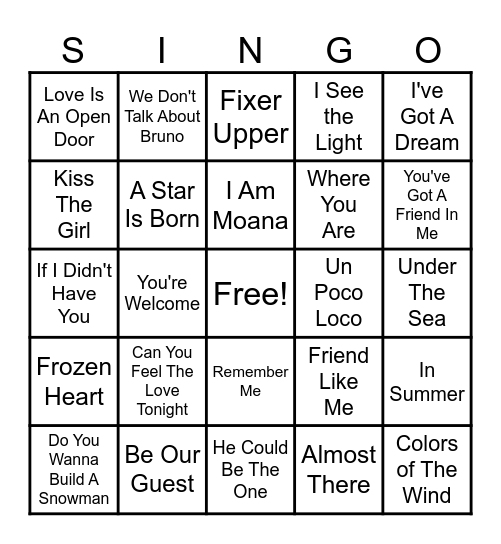 Disney Bingo Card