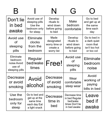 Sleep Hygiene Bingo Card