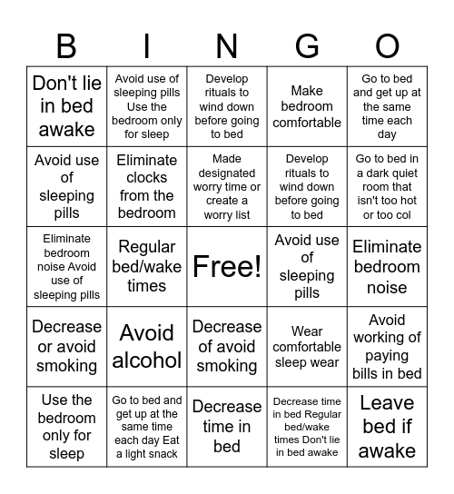 Sleep Hygiene Bingo Card