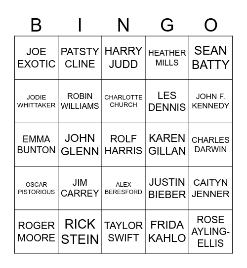 CELEBRITY BINGO! Bingo Card