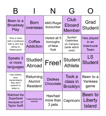 Alumni Hall- Bingo Card Bingo Card