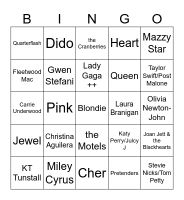 Queens of Rock  - Game 2 Bingo Card