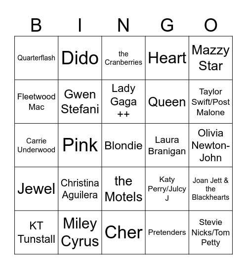 Queens of Rock  - Game 2 Bingo Card