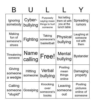Bullying Bingo Card