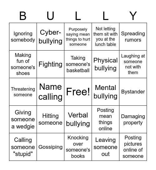 Bullying Bingo Card