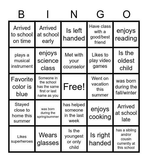 First Day of School Bingo Card