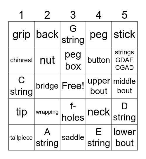 PARTS OF THE VIOLIN and the BOW Bingo Card