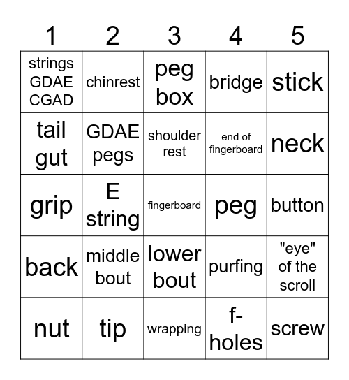 PARTS OF THE VIOLIN and the BOW Bingo Card