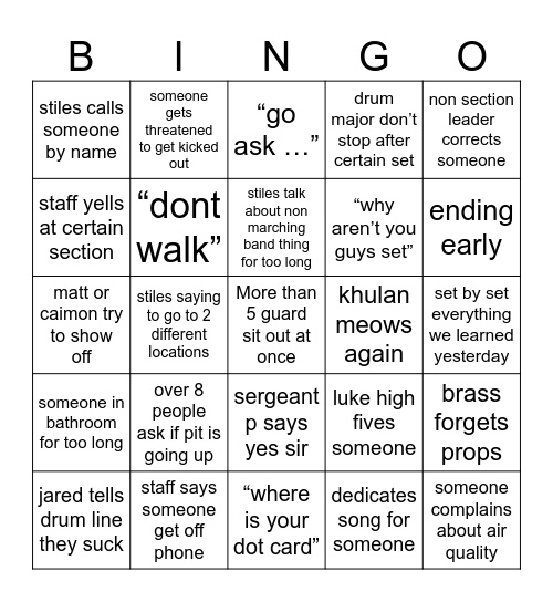 Marching Band Bingo Card