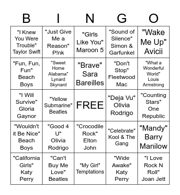 Musical Bingo Card