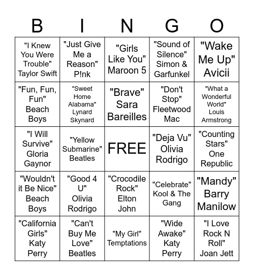 Musical Bingo Card