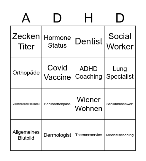 Appointments I need to make but don't want to Bingo Card