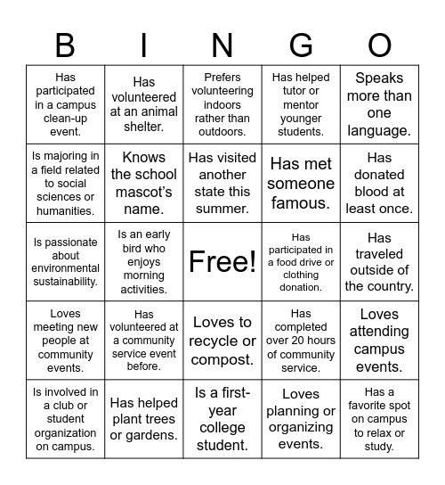 PSV Bingo Card