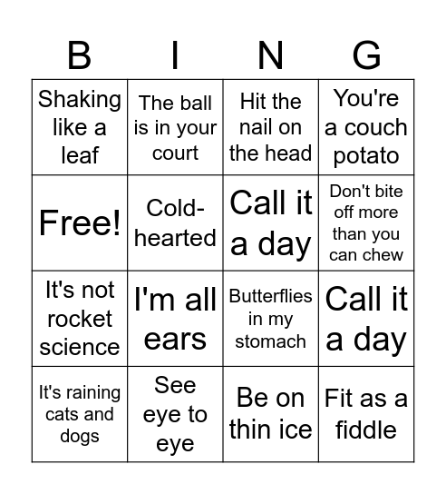 Idioms Bingo Card