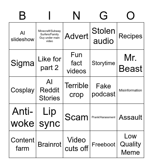 Youtube Shorts Bingo Card