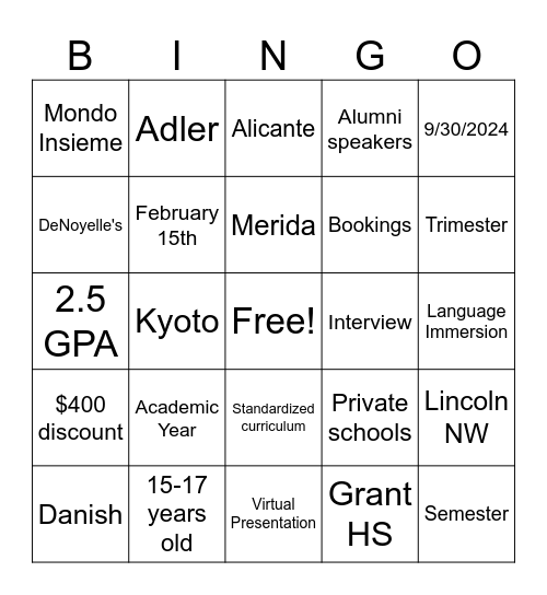 CIEE HSA Bingo Card