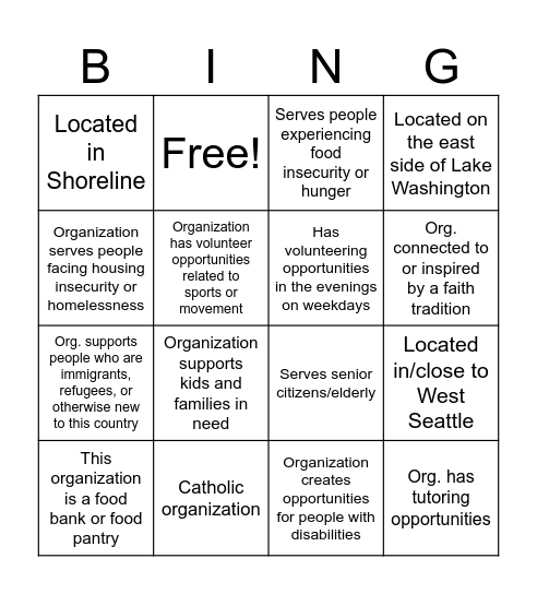 Junior Service Fair Bingo Card