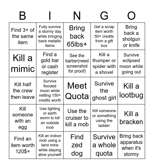 Lethal company Bingo Card