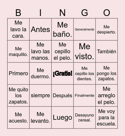 Los Verbos Reflexivos Bingo Card