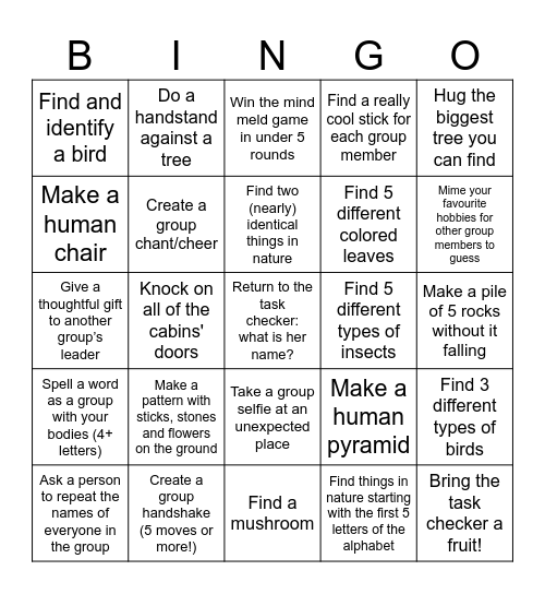 Activity Bingo! Bingo Card