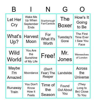 MUSIC BINGO at the Ann Arbor Eagles! Bingo Card