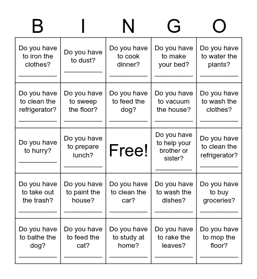 What chores do you have to do? Bingo Card