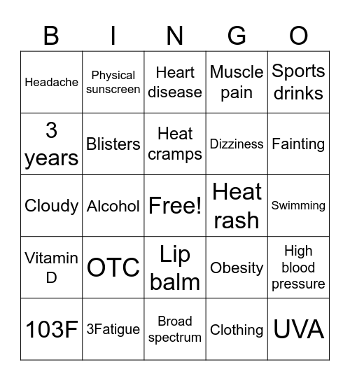 Sun Safety Bingo Card