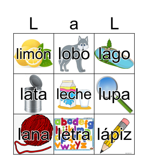 Palabras con L Bingo Card