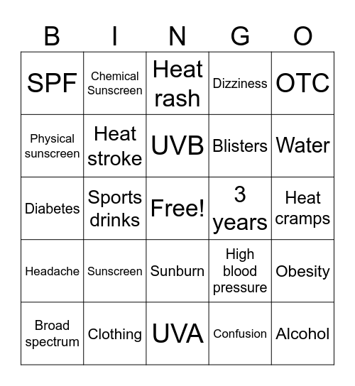 Sun Safety Bingo Card