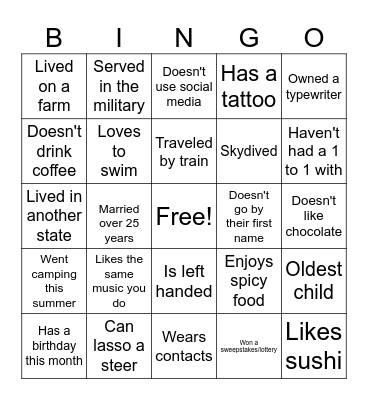 Individual People Bingo Card