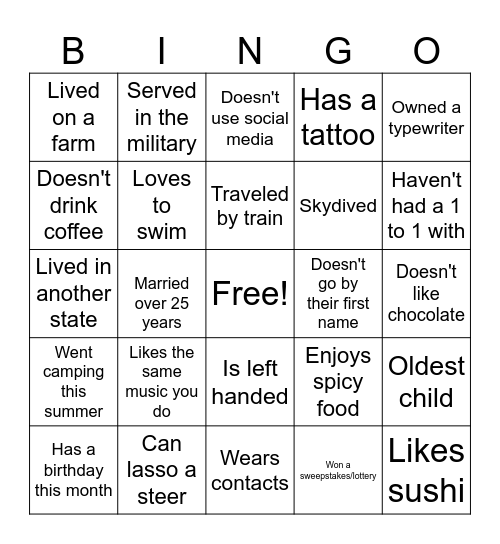 Individual People Bingo Card