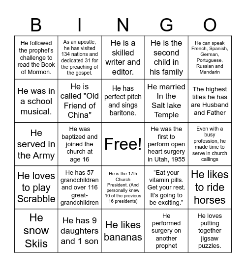 Happy Birthday President Nelson Bingo Card