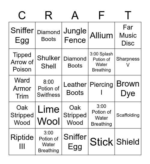 Minecraft Bingo Card