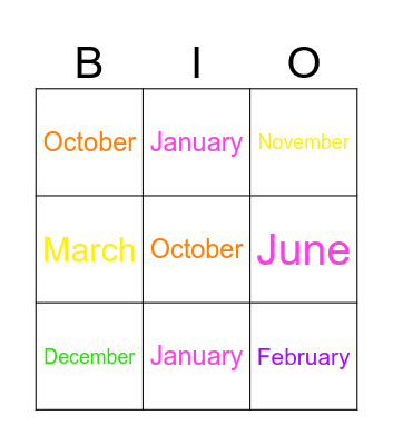 Month of the year Bingo Card